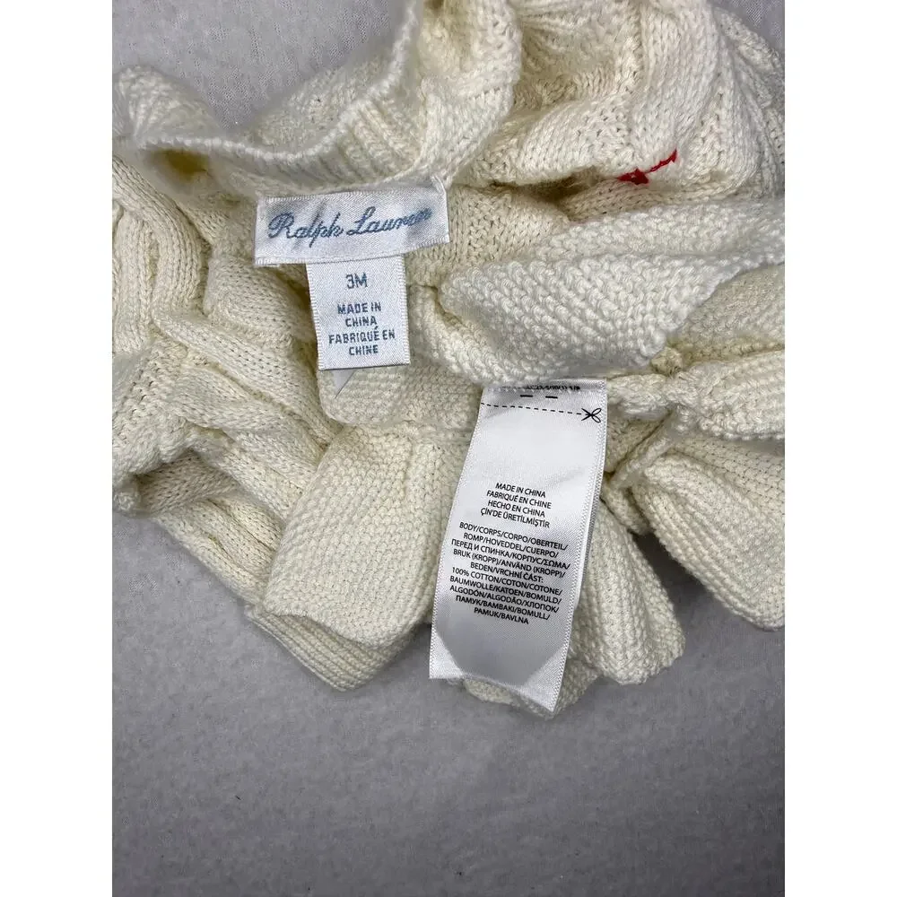Ralph Lauren Baby Girls 3M Cream Cable Knit Ruffle Cardigan Sweater Red Pony